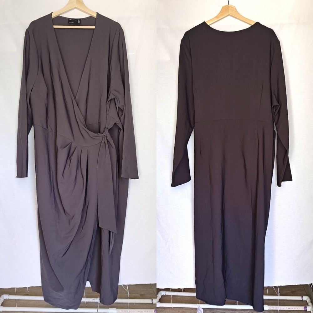 ASOS Curve Long Sleeve Wrap Dress in Taupe